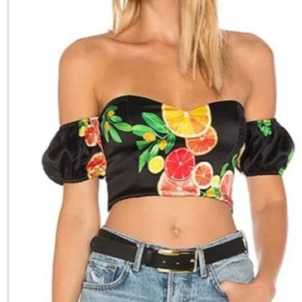 LPA Black Fruit Print Off-Shoulder Crop Top